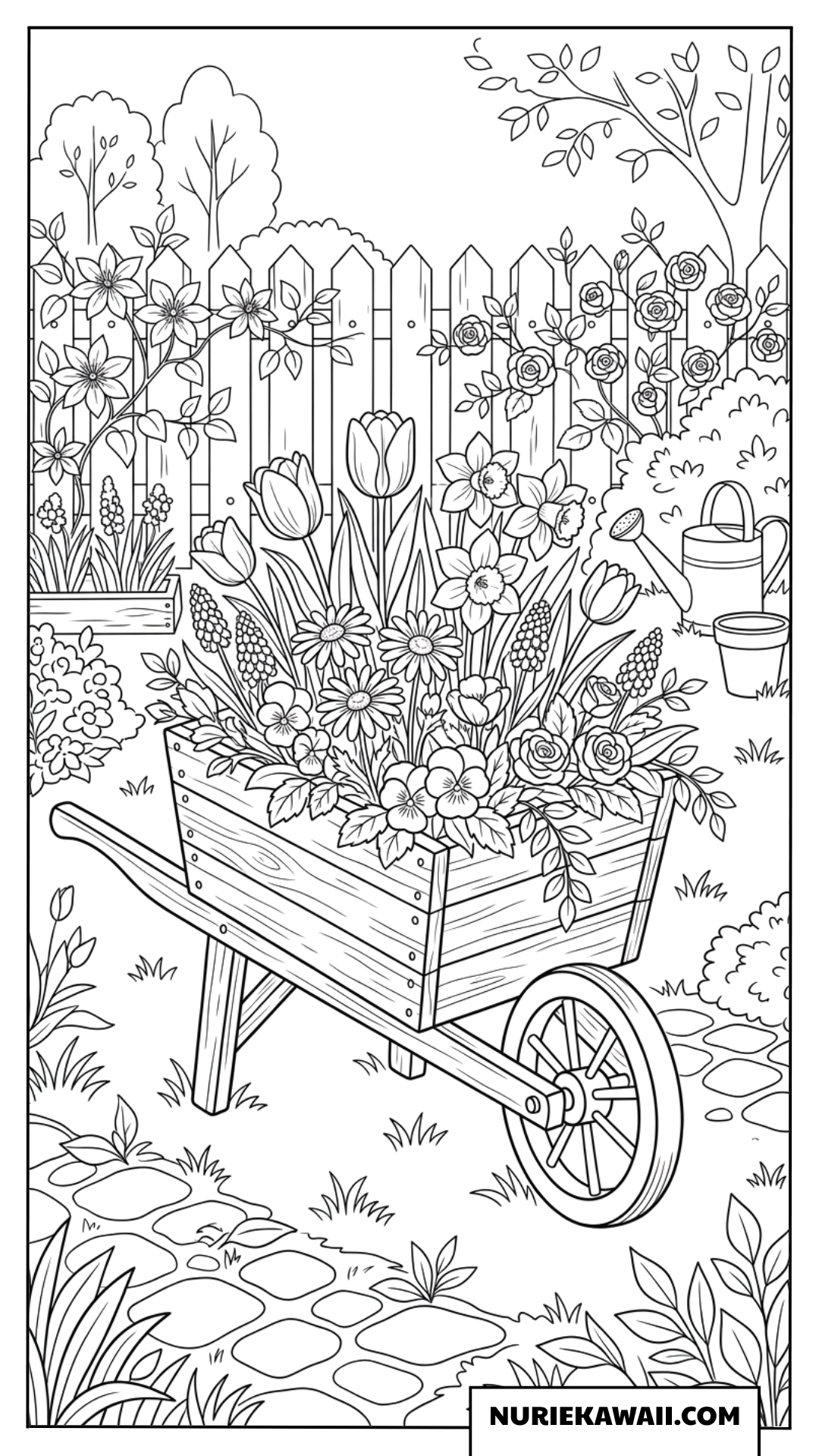 春の花で溢れる手押し車の塗り絵