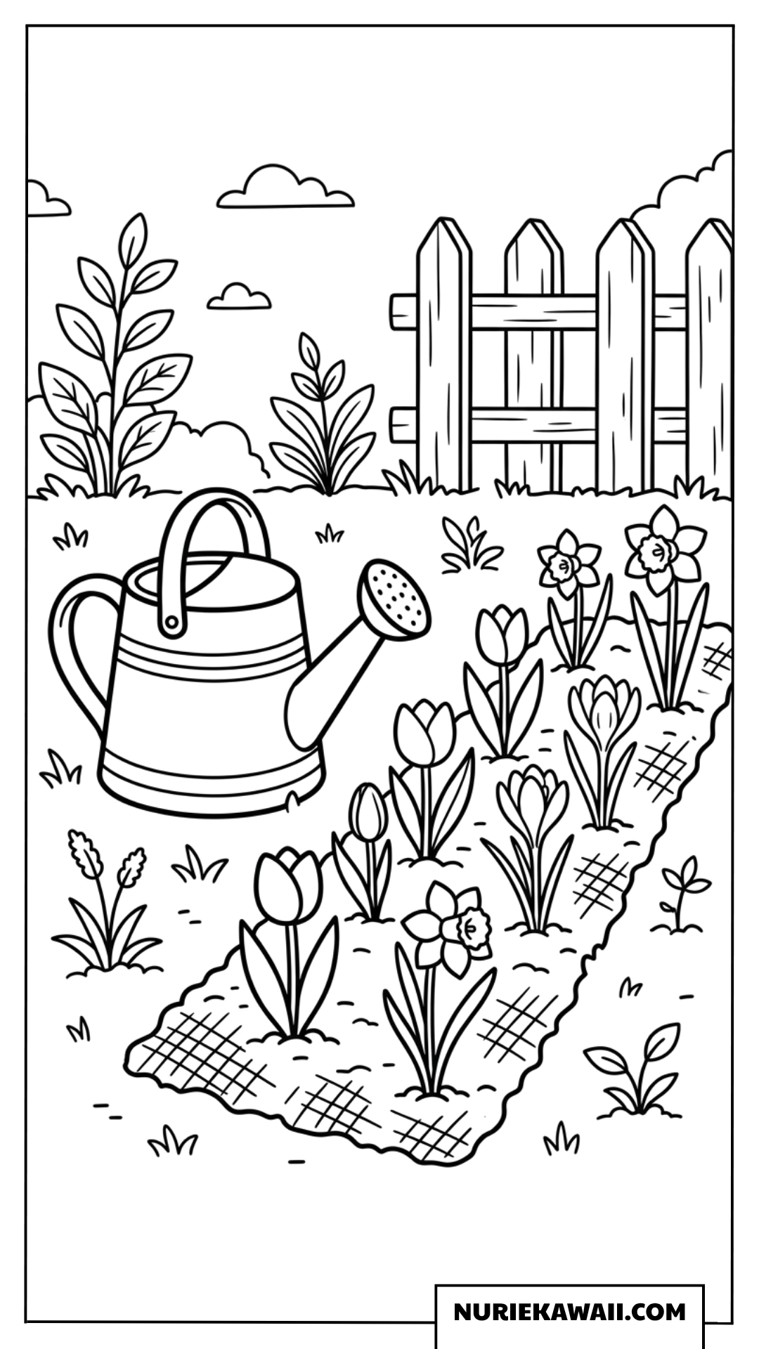 春の花壇と水差しの塗り絵