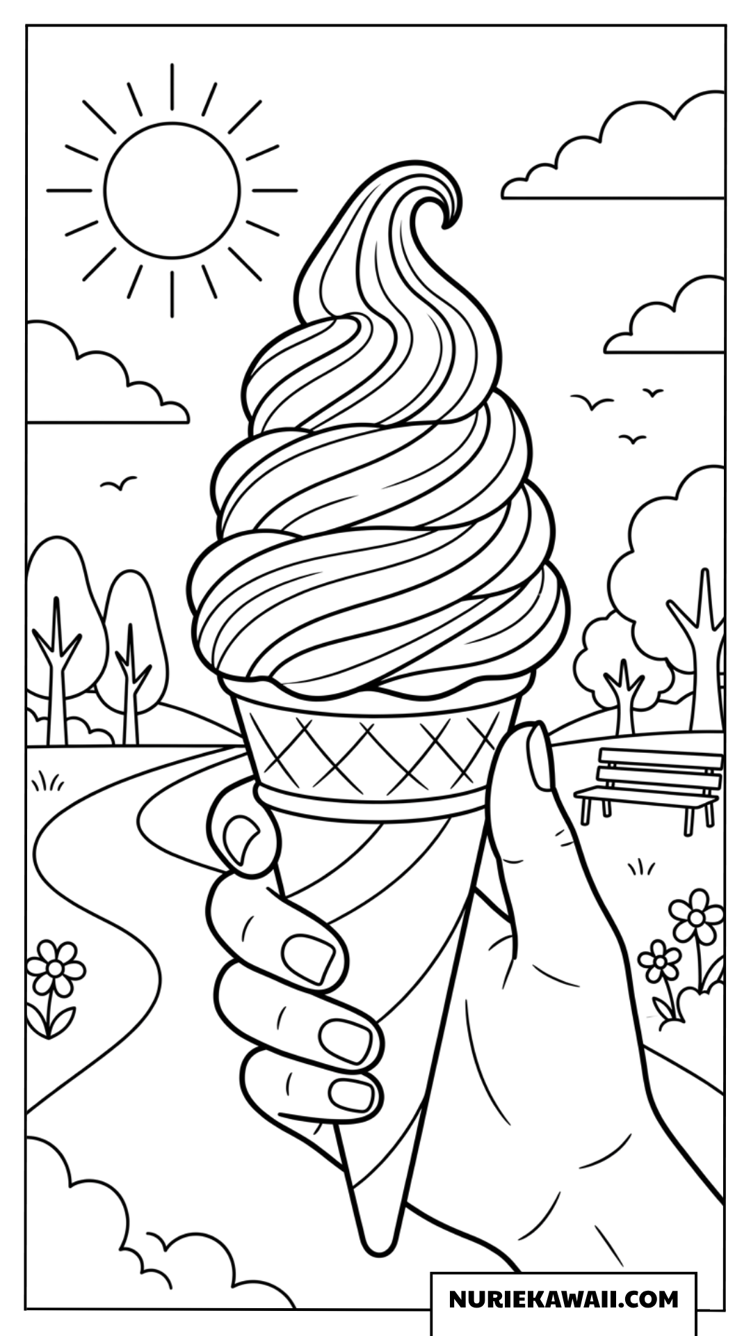 晴れた日の公園と手持ちソフトクリームの塗り絵