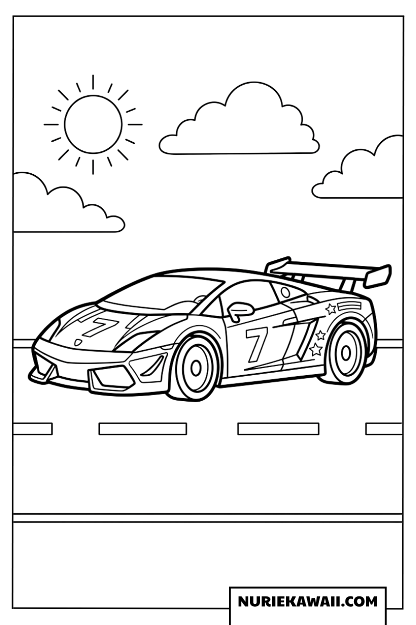 晴れた日の道路を気持ちよく走るナンバー7のランボルギーニレースカーの塗り絵