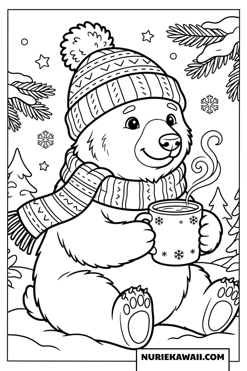 暖かいニット帽をかぶりホットココアを楽しむ可愛いホッキョクグマの塗り絵