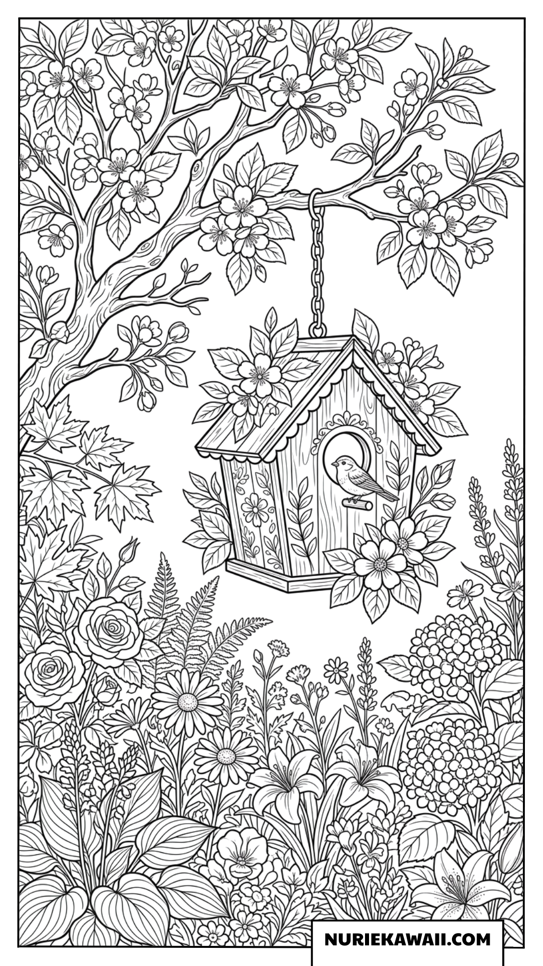 木に吊るされた巣箱と花の塗り絵