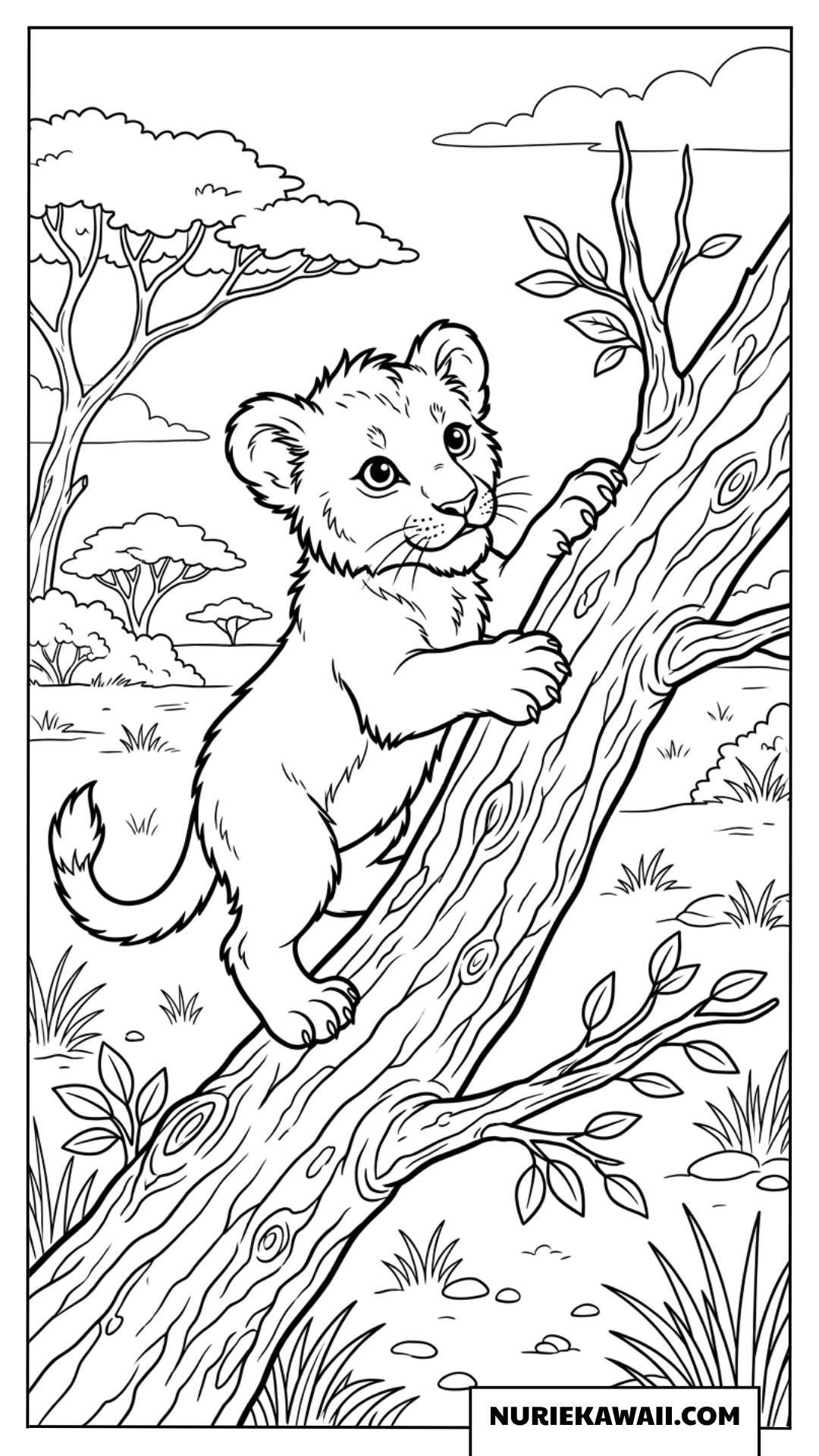 木に登るライオンの赤ちゃんの塗り絵