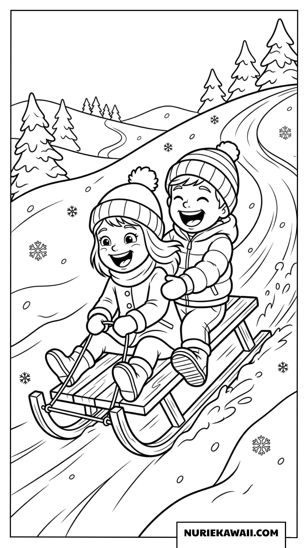 木のソリに乗って雪の斜面を元気に滑り降りる男の子と女の子の塗り絵