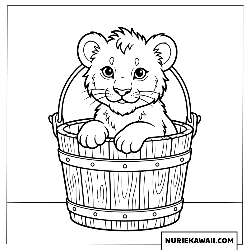 木の桶に入った可愛いライオンの赤ちゃんの塗り絵
