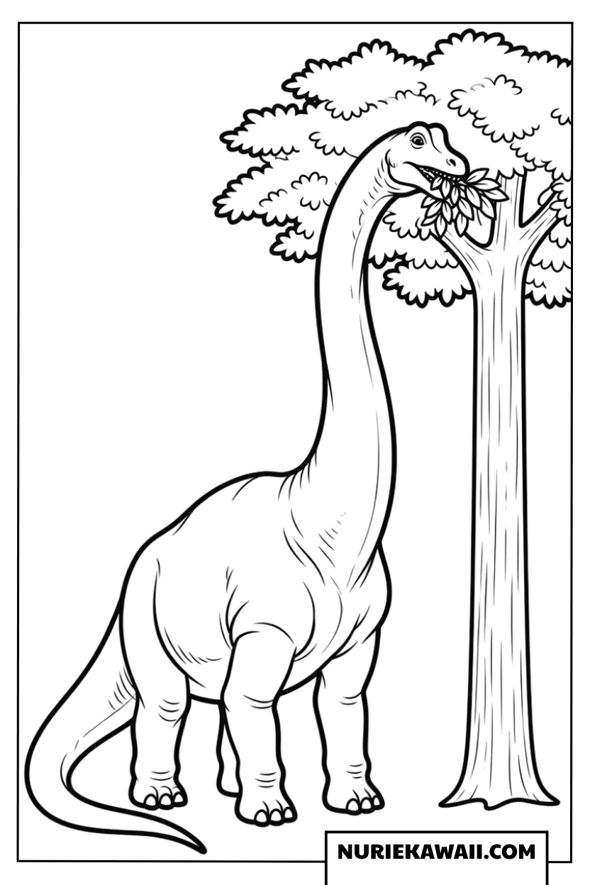 木の葉を食べる首長竜の恐竜塗り絵