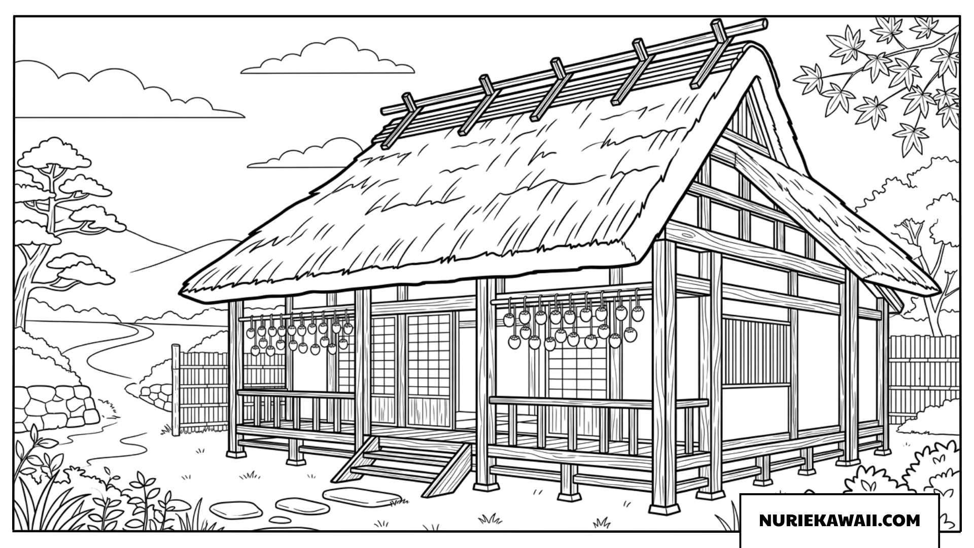 柿すだれが軒下に吊るされた茅葺き屋根의古民家の塗り絵