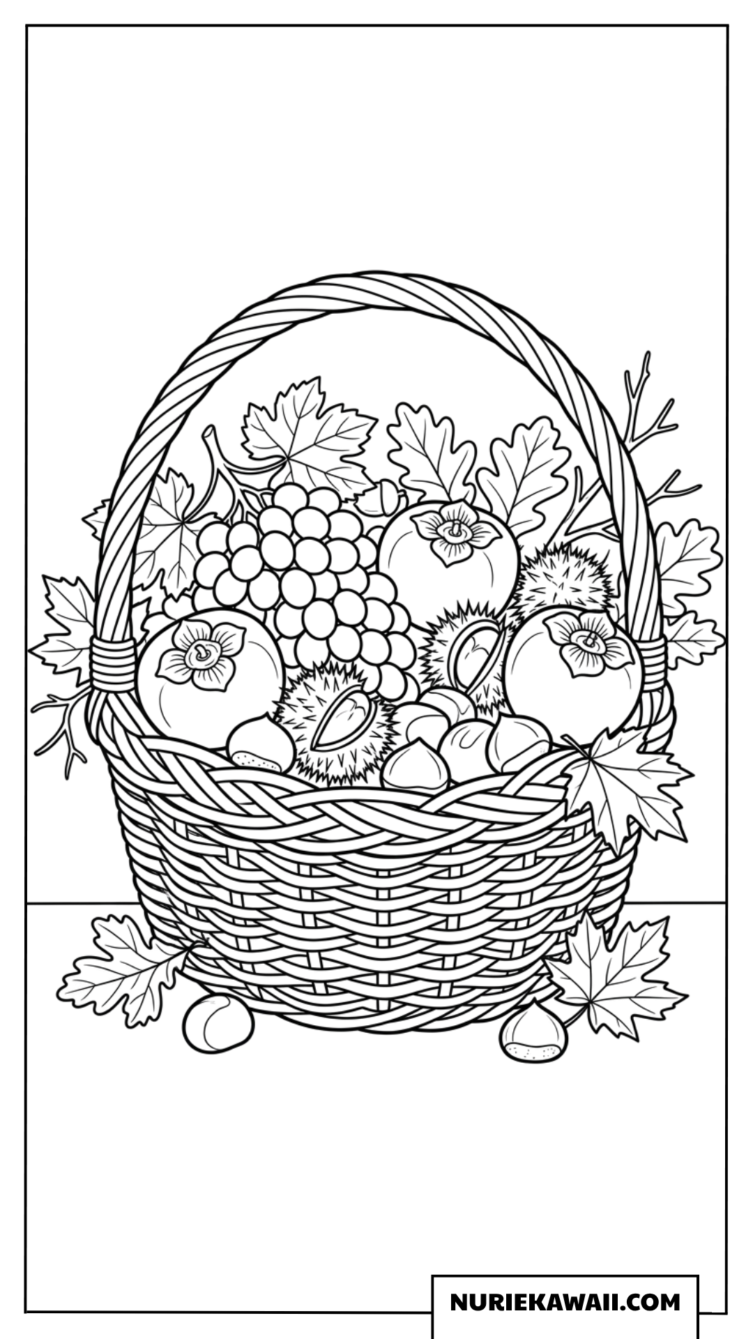柿やぶどうと栗がたっぷり詰まった秋の味覚バスケット塗り絵