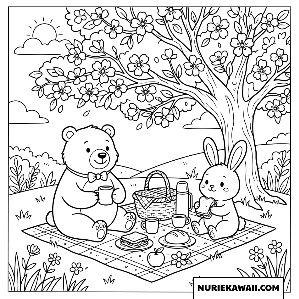 桜の下でピクニックをするクマとウサギの塗り絵