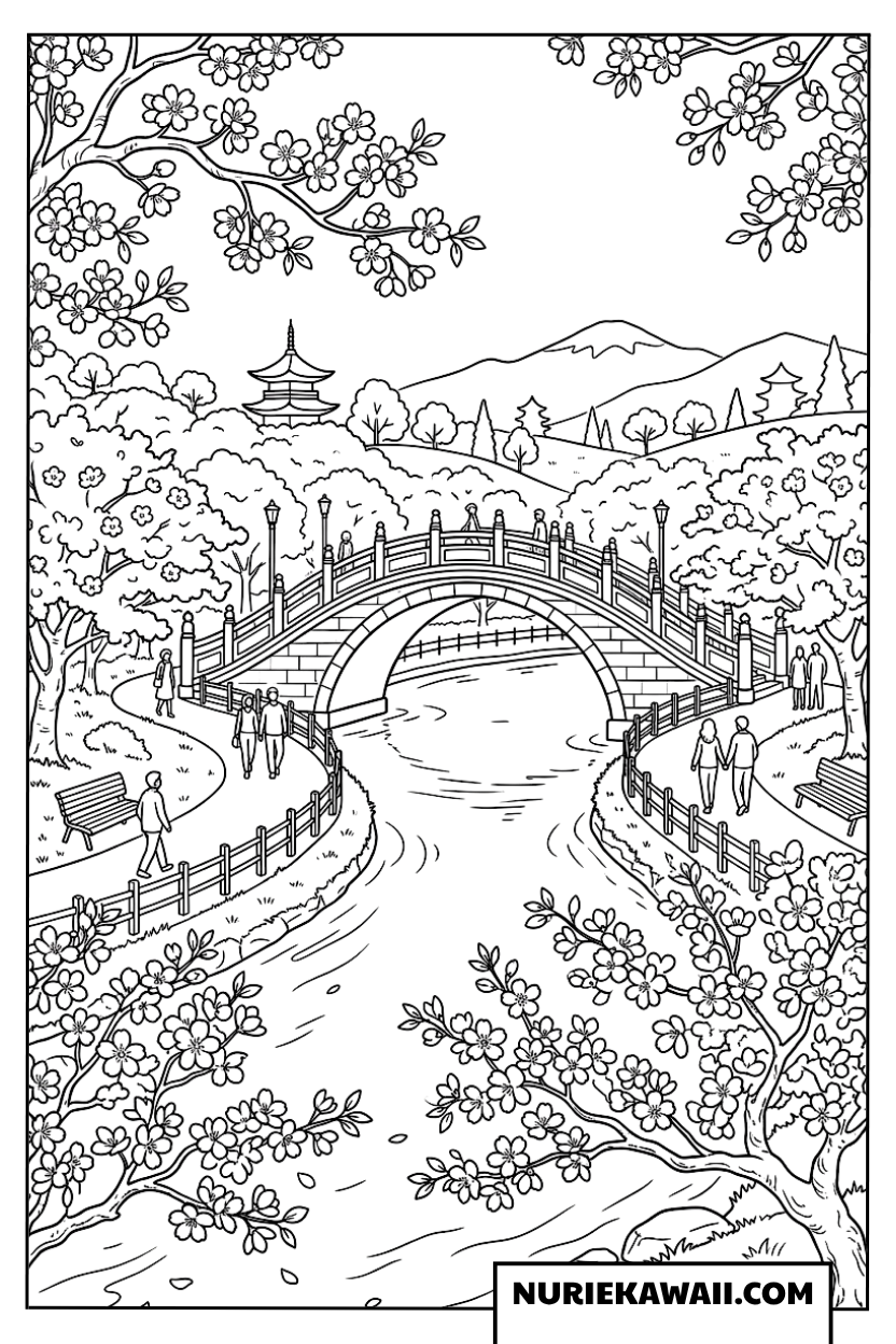 桜の咲く川にかかる橋の風景塗り絵