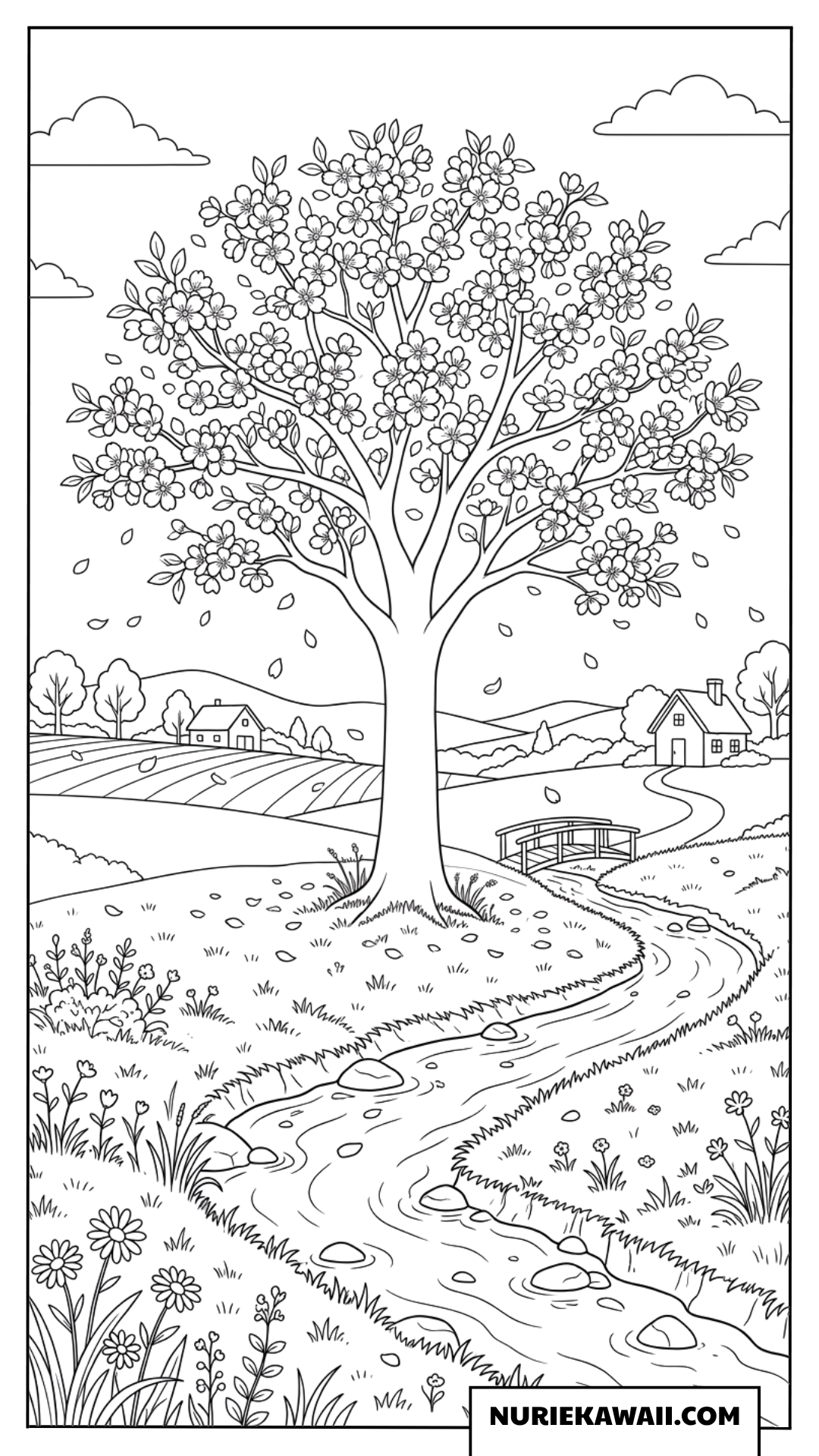 桜の木と小川の風景の塗り絵