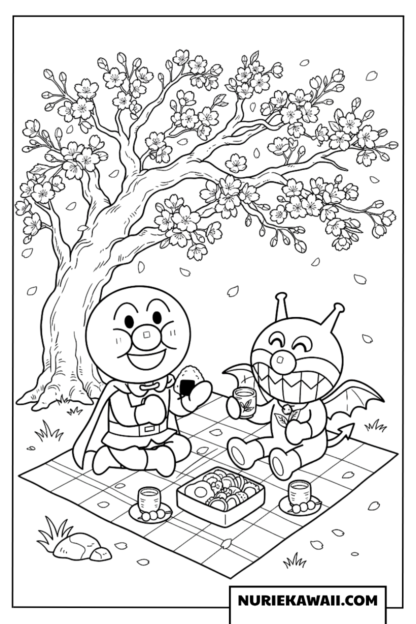 桜の木の下でアンパンマンとばいきんまんがお花見をする塗り絵