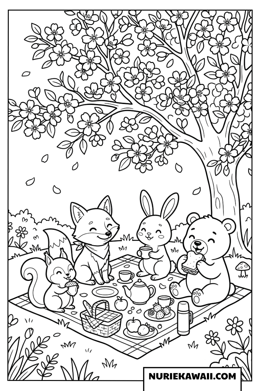 桜の木の下でピクニックをする動物たちの塗り絵