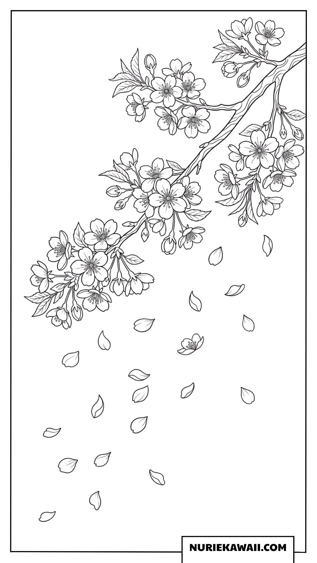 桜の枝と舞い散る花びらの塗り絵