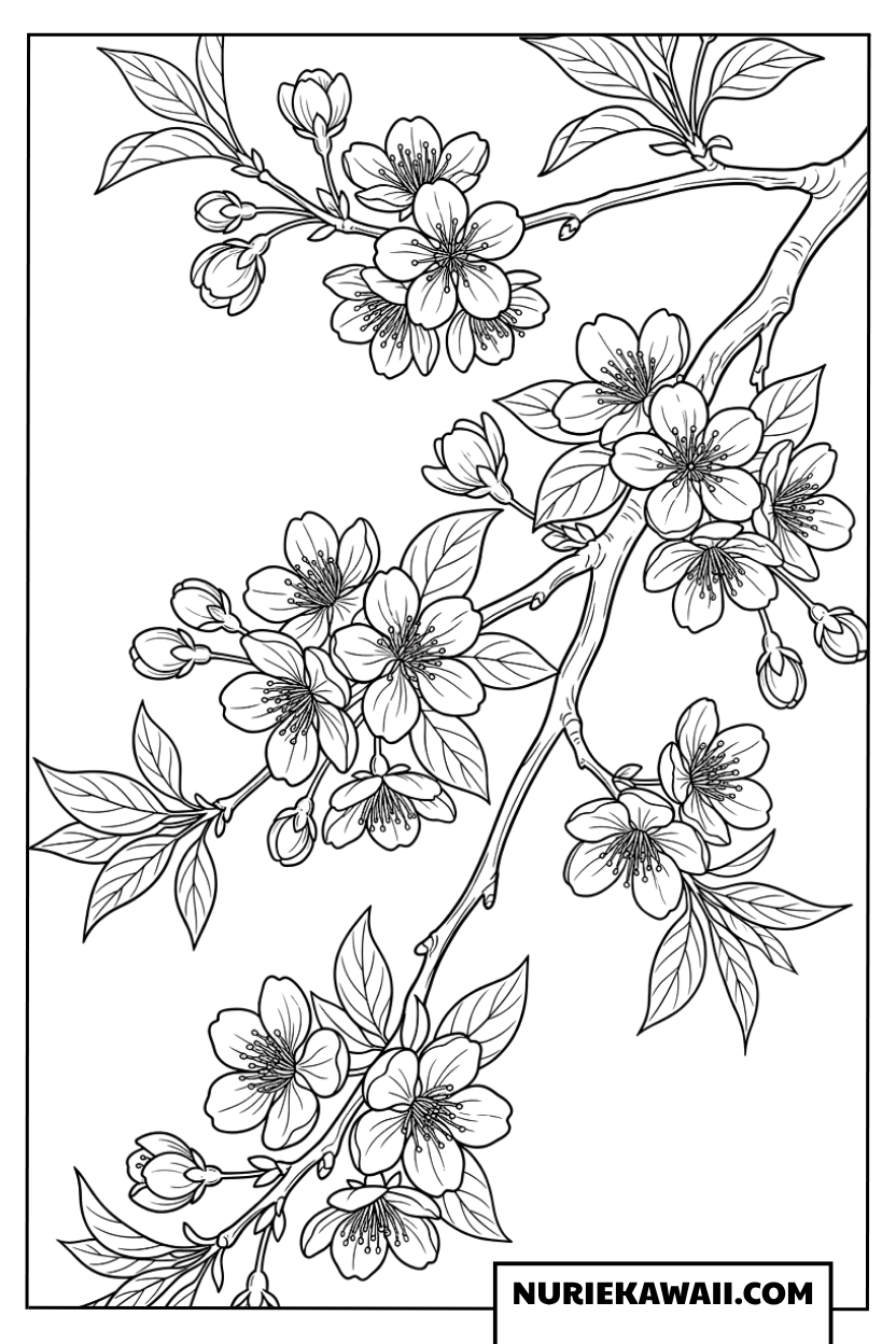 桜の花の枝を描いた細密な塗り絵