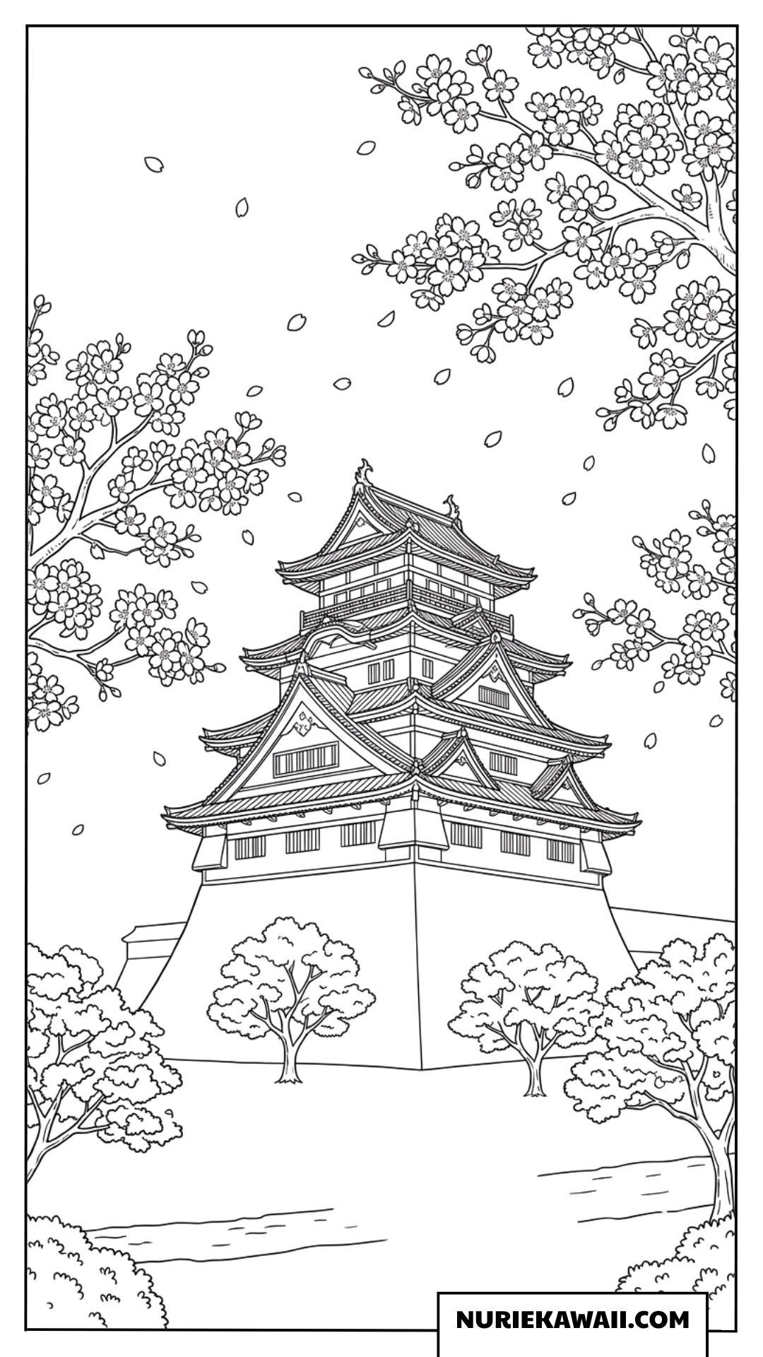 桜舞う日本城の塗り絵