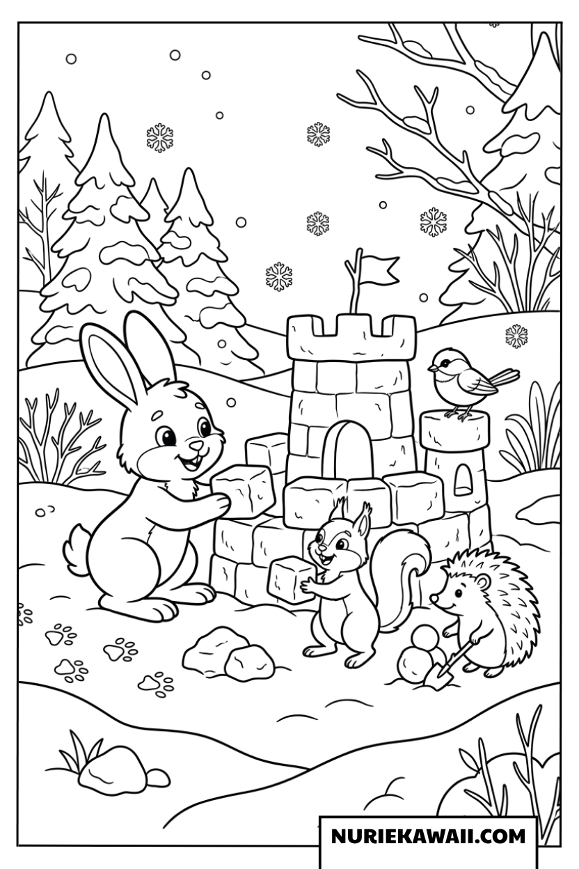 森の中で一緒に雪の城を組み立てる可愛い動物たちの塗り絵