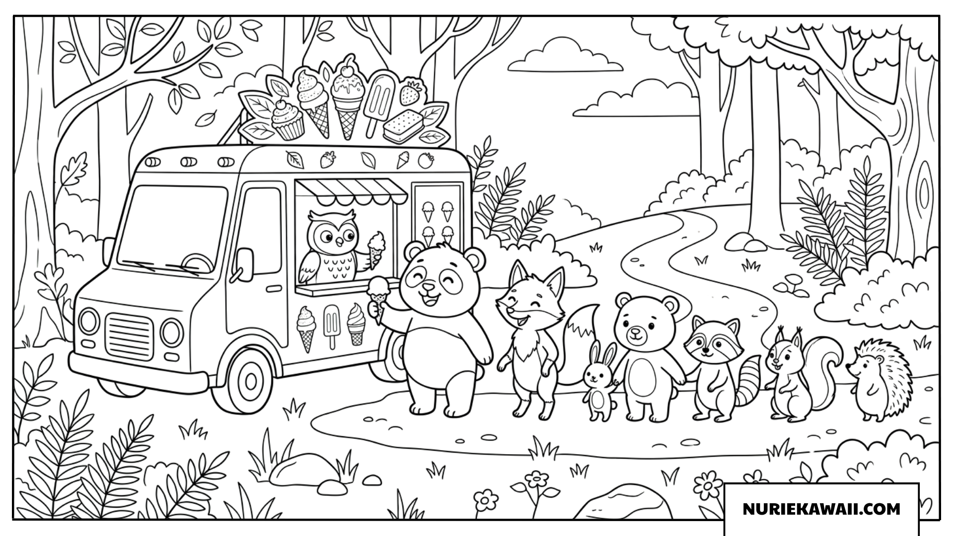 森の中で動物たちが並ぶアイスクリームカーの塗り絵