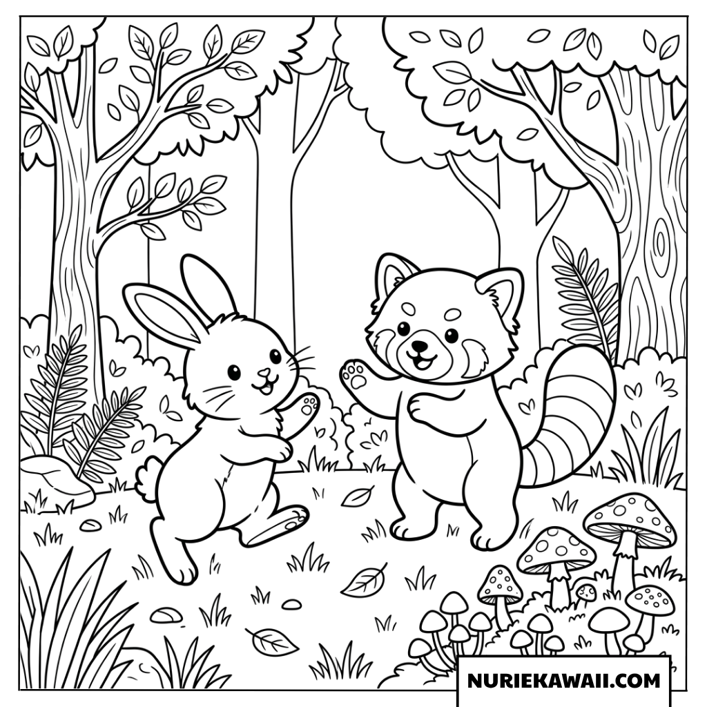 森の中で楽しそうに遊ぶウサギとレッサーパンダの秋塗り絵
