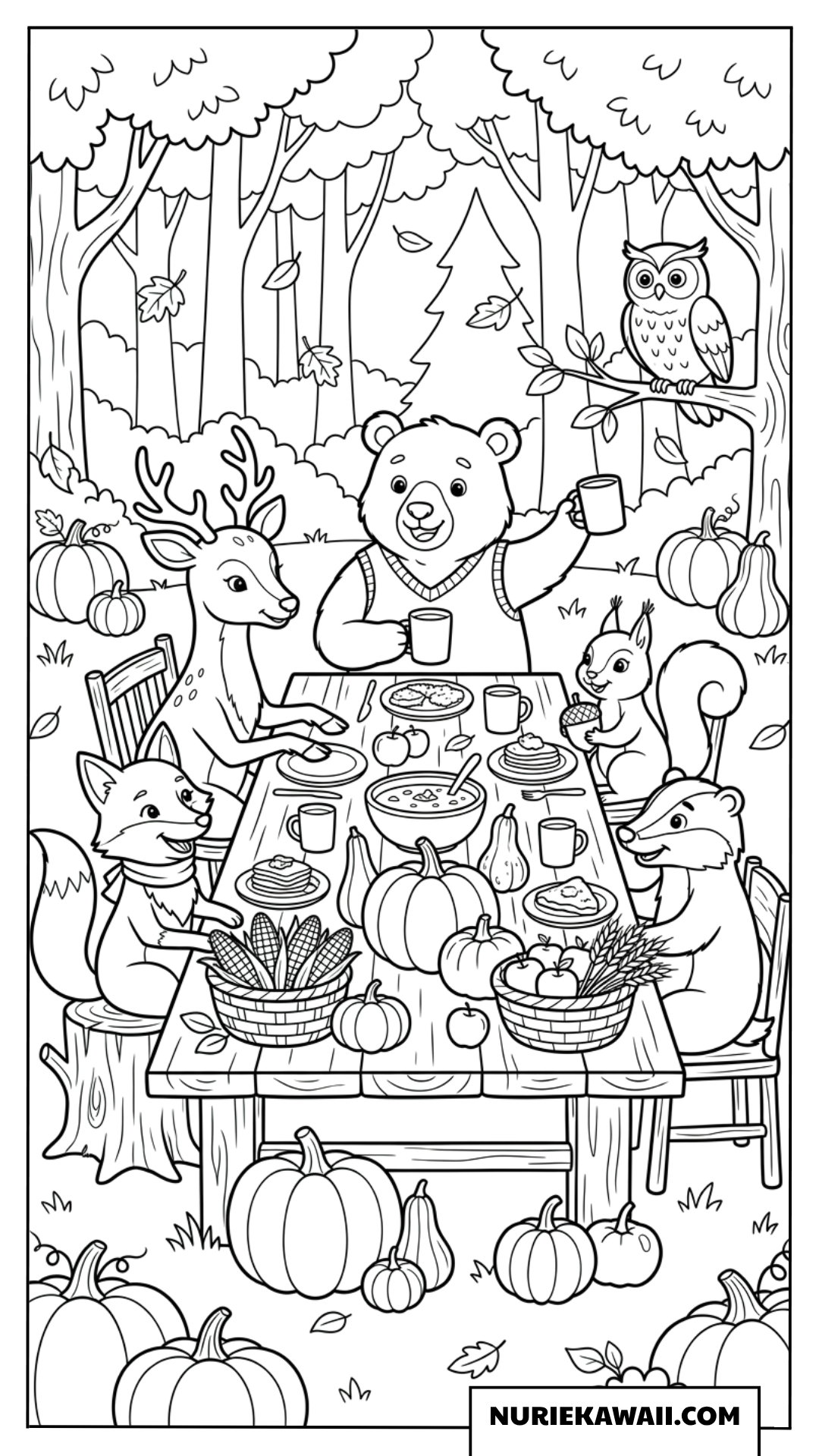 森の動物たちが集まって秋の味覚を楽しむ賑やかな大収穫祭の塗り絵