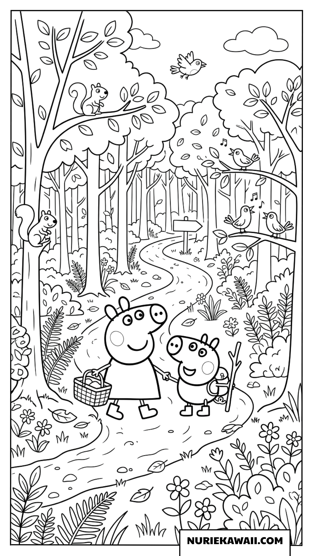 森の小道を散策しながらピクニックへ向かうペッパとジョージの塗り絵