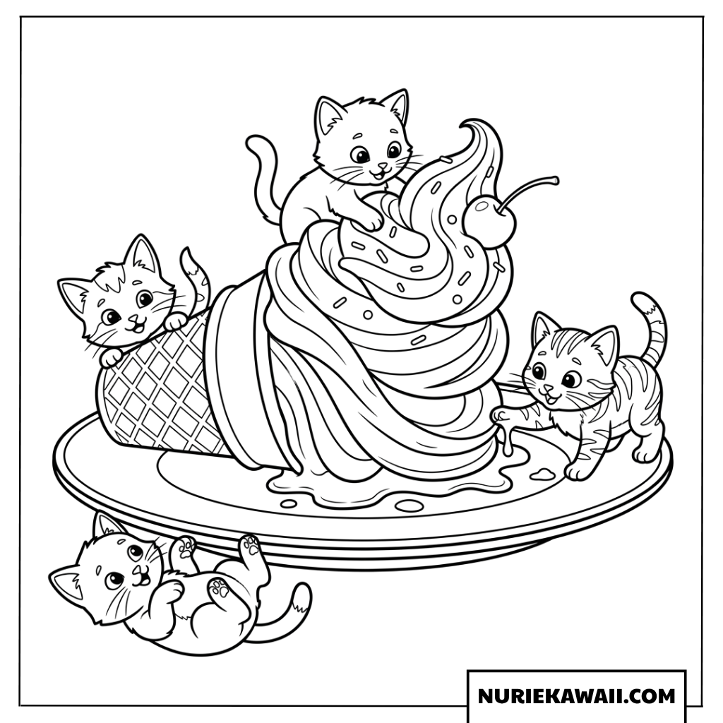 横たわるソフトクリームと元気な子猫たちの塗り絵