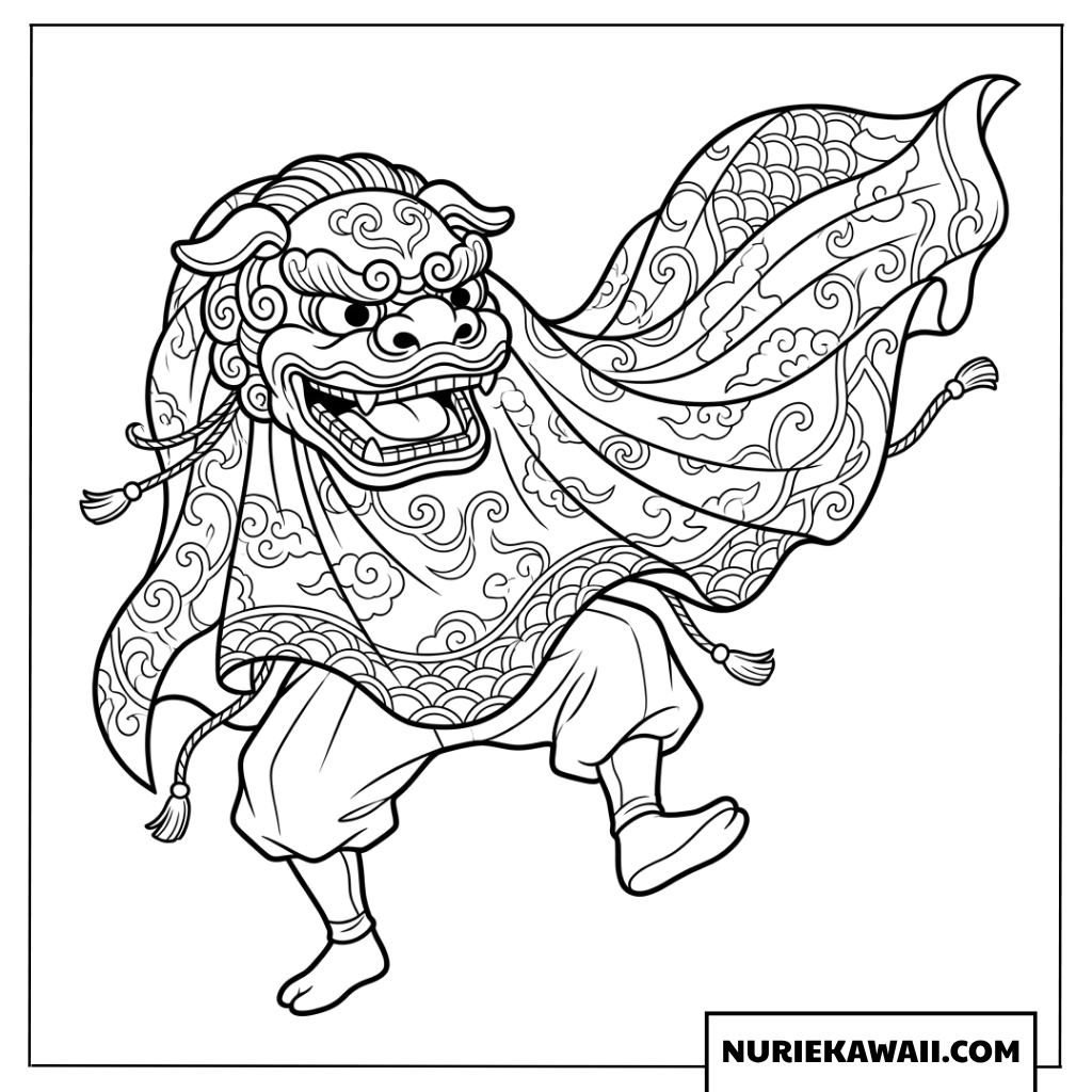 正月の伝統的な縁起物である獅子舞が華麗に踊る姿を描いた塗り絵