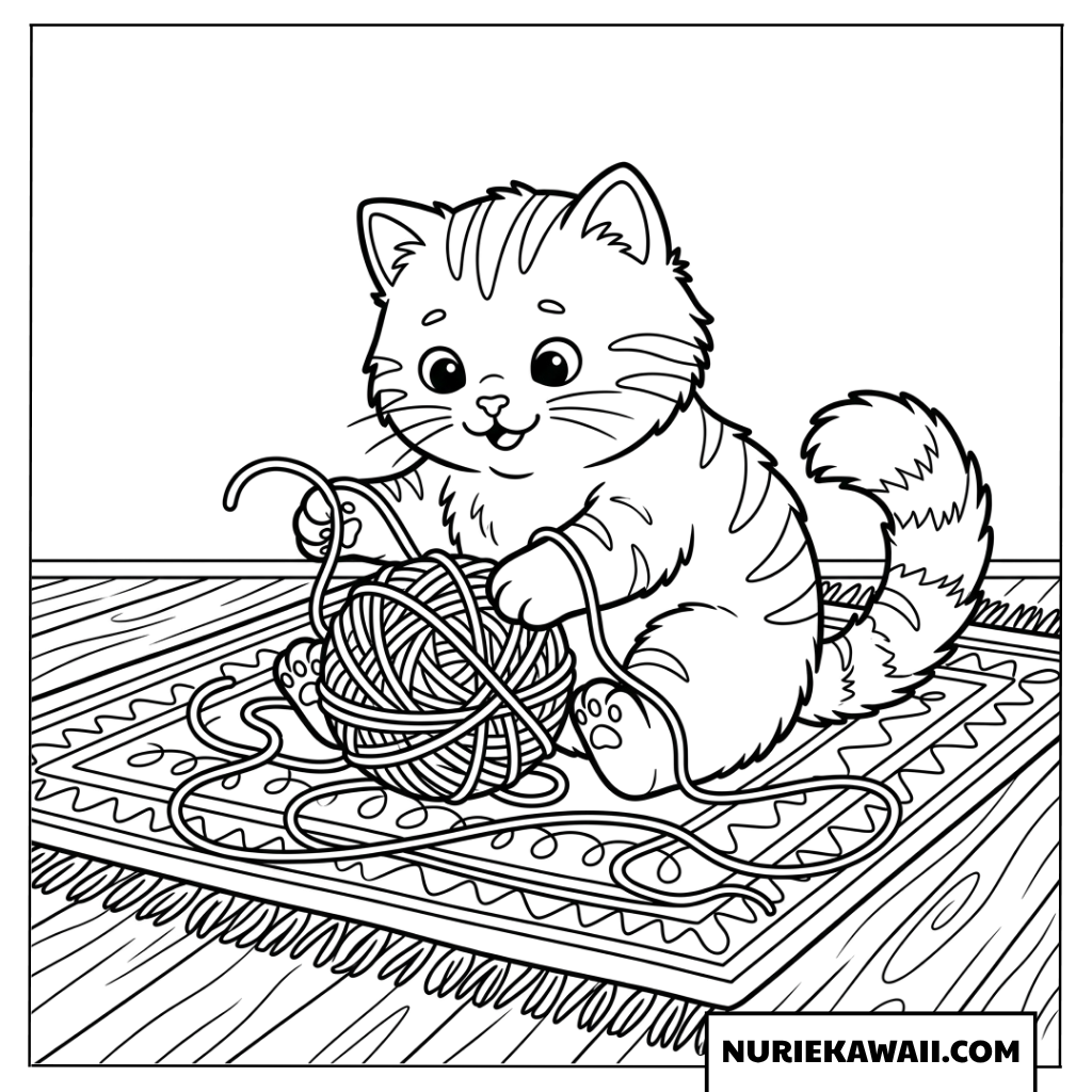 毛糸玉で楽しそうに遊ぶ可愛い子猫の塗り絵