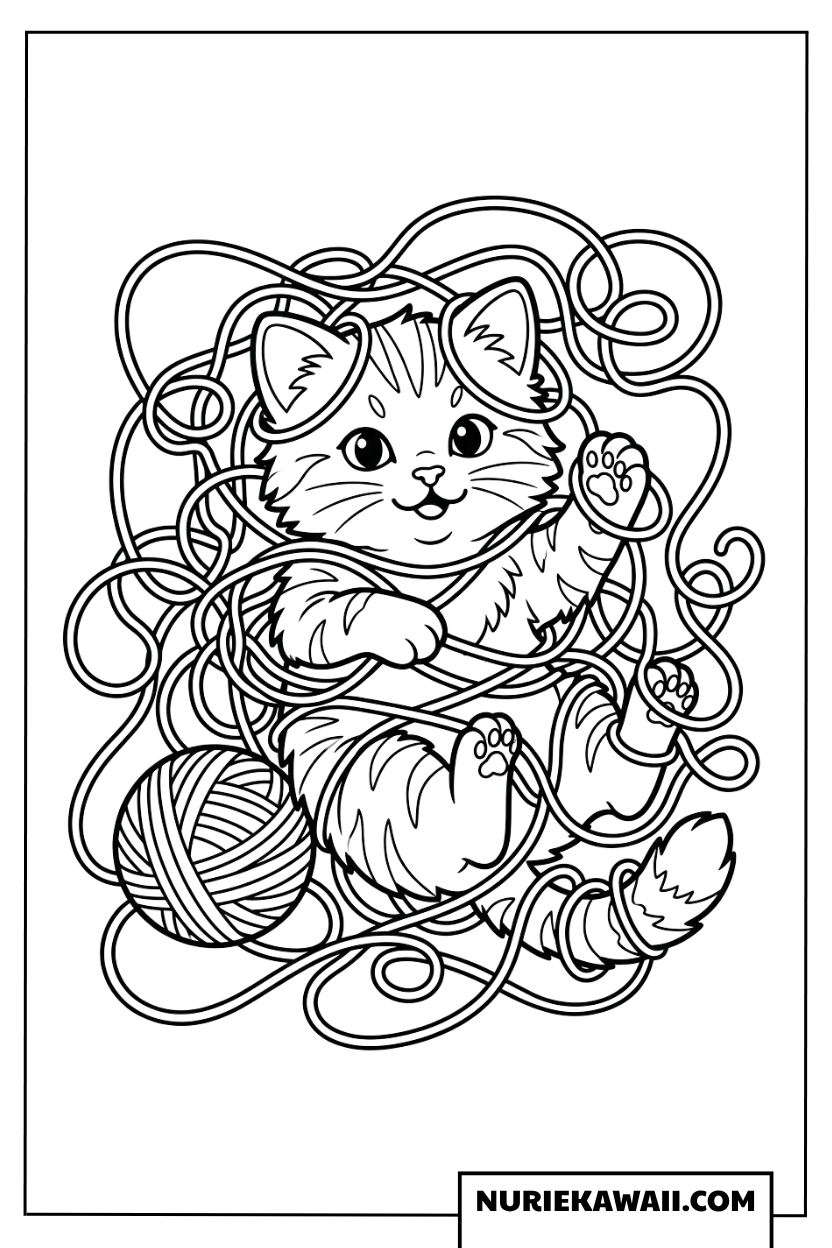 毛糸玉とたわむれる可愛い子猫の塗り絵