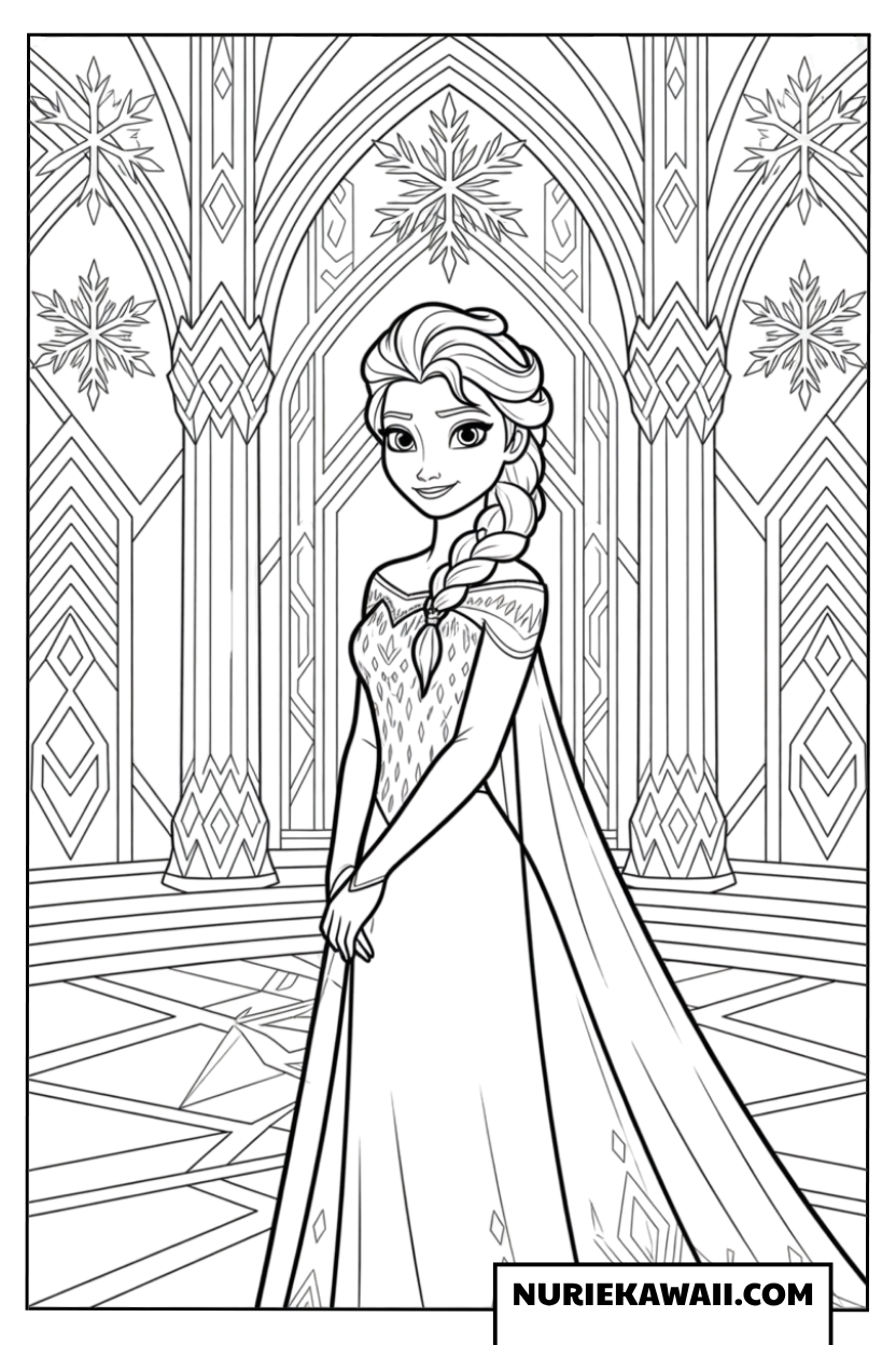 氷の宮殿に美しく佇む雪の女王エルサの塗り絵