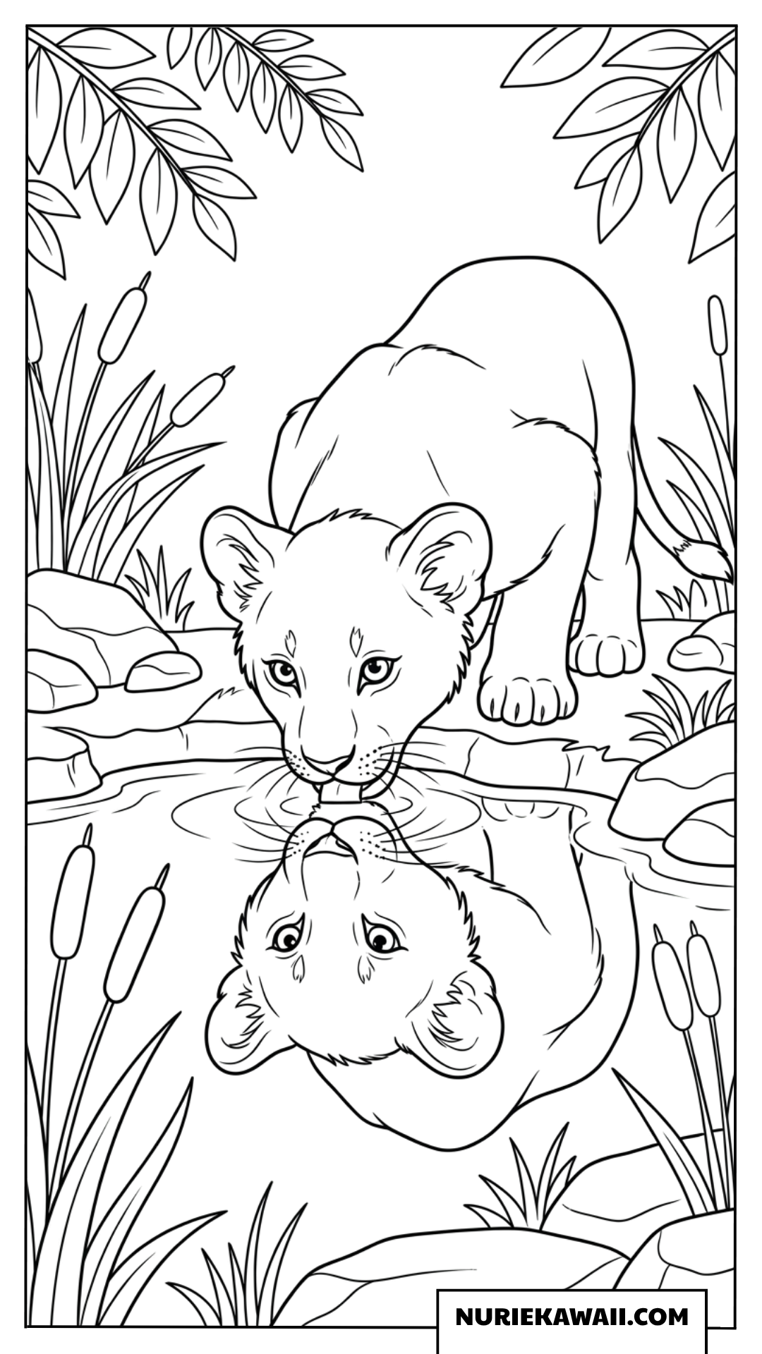 池で水を飲むライオンの赤ちゃんの塗り絵