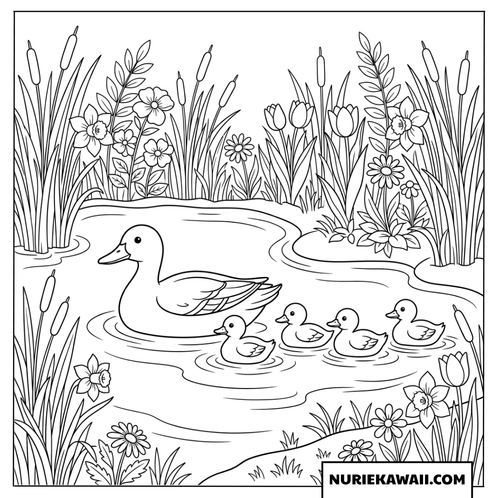 池を泳ぐアヒルの親子の塗り絵