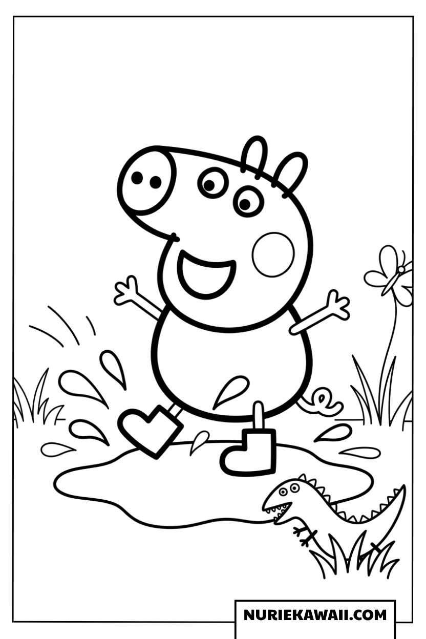 泥の水たまりで恐竜と元気に遊ぶジョージピッグの塗り絵