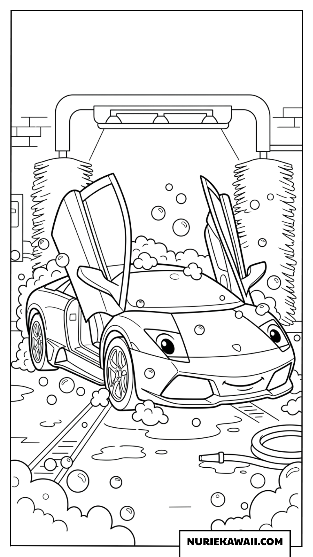 洗車場で泡まみれになりながら笑顔でドアを開けるランボルギーニの塗り絵