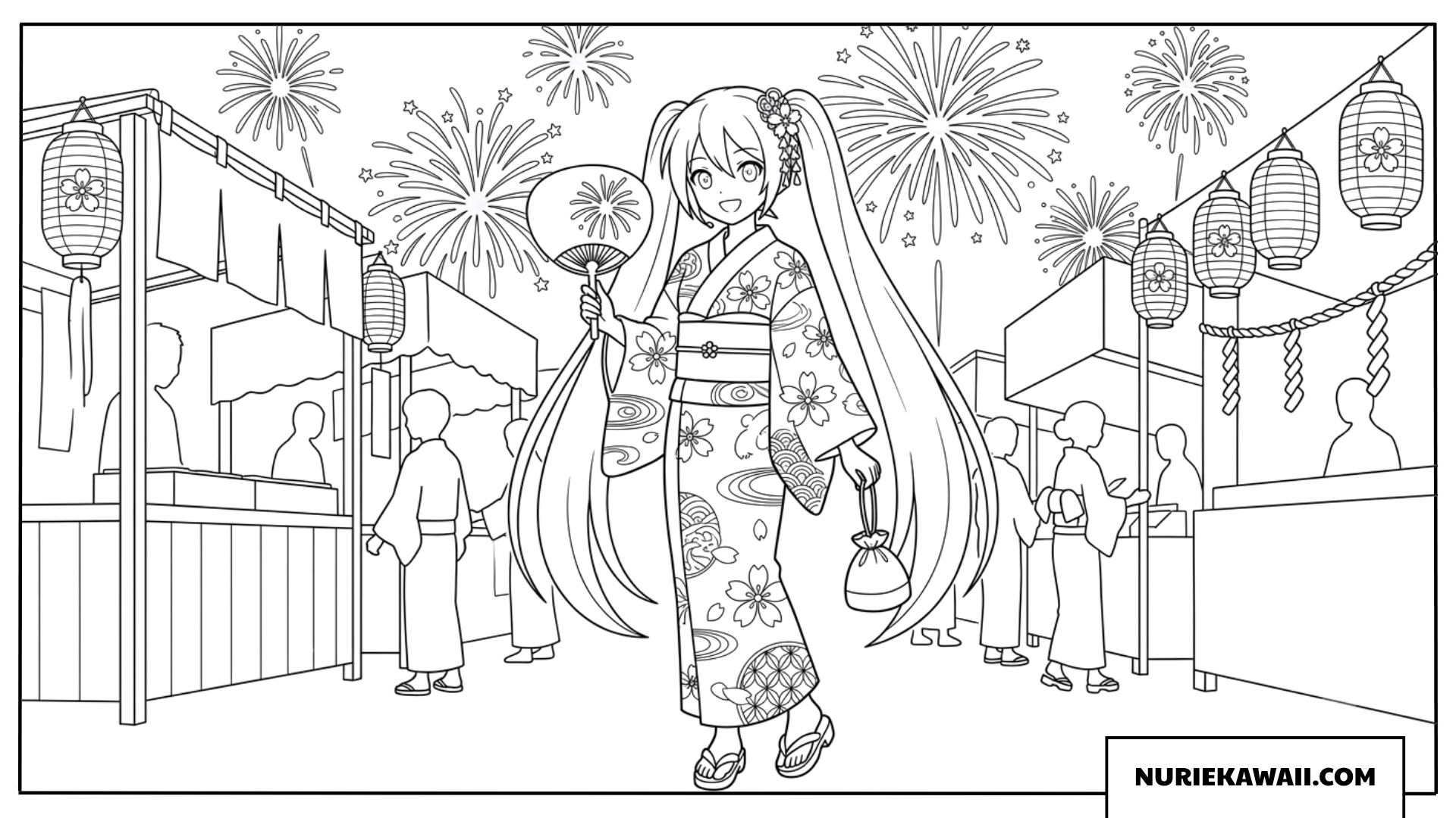 浴衣姿で夏祭りを楽しむ初音ミクの塗り絵
