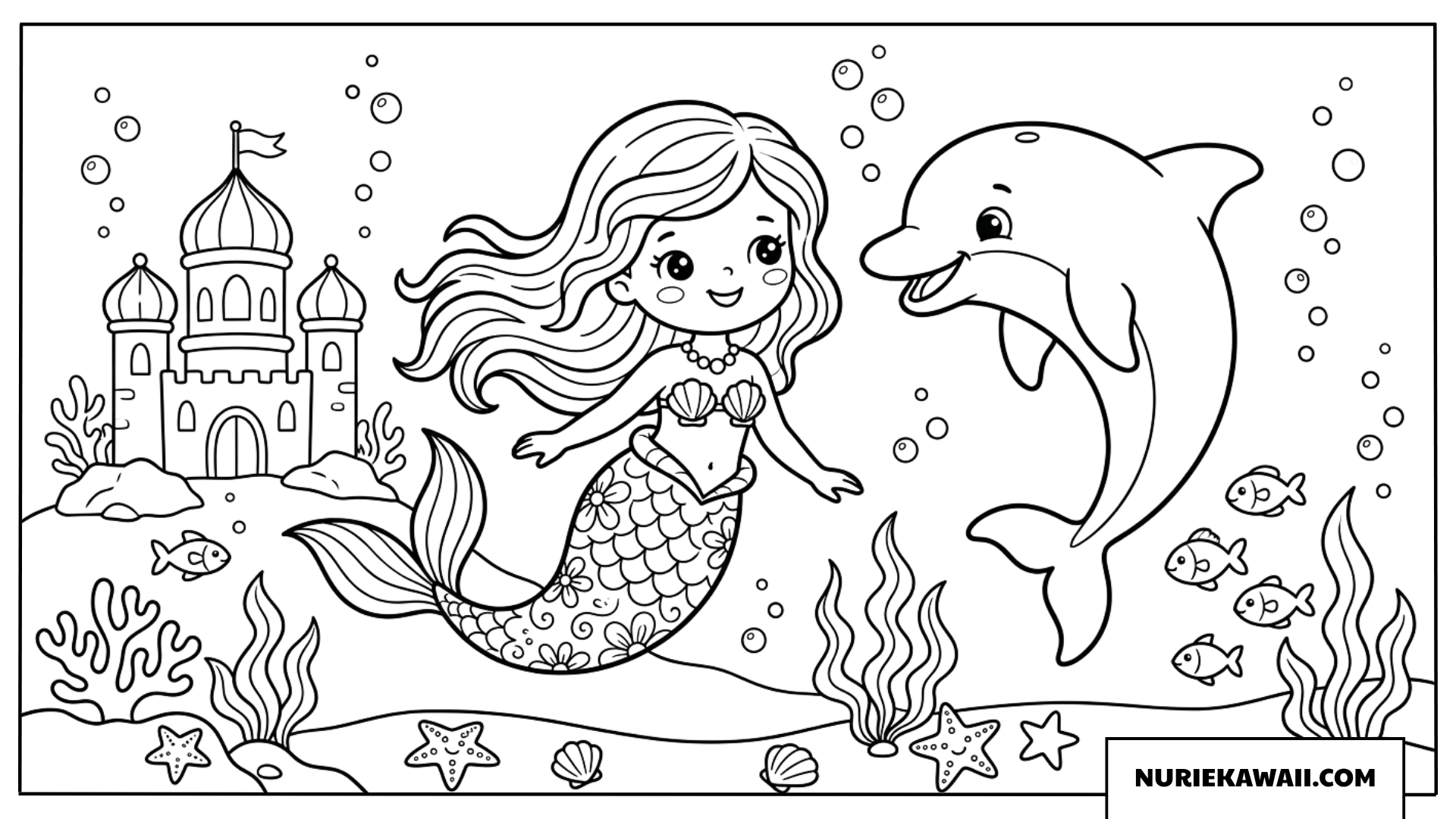 海のお城の前でイルカと仲良く泳ぐ可愛いちびっこ人魚姫の塗り絵