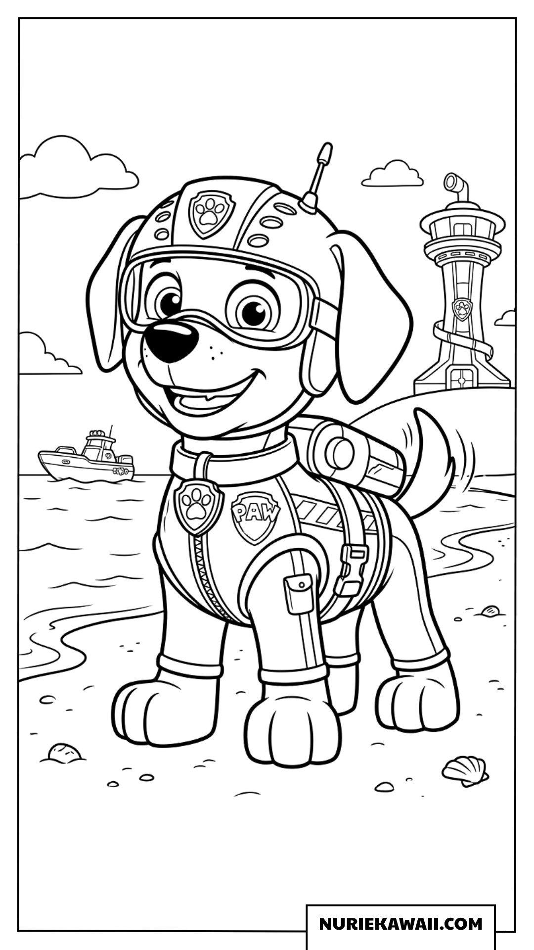 海岸の砂浜に立ち遠くを見つめる水上救助犬ズーマの 塗り絵