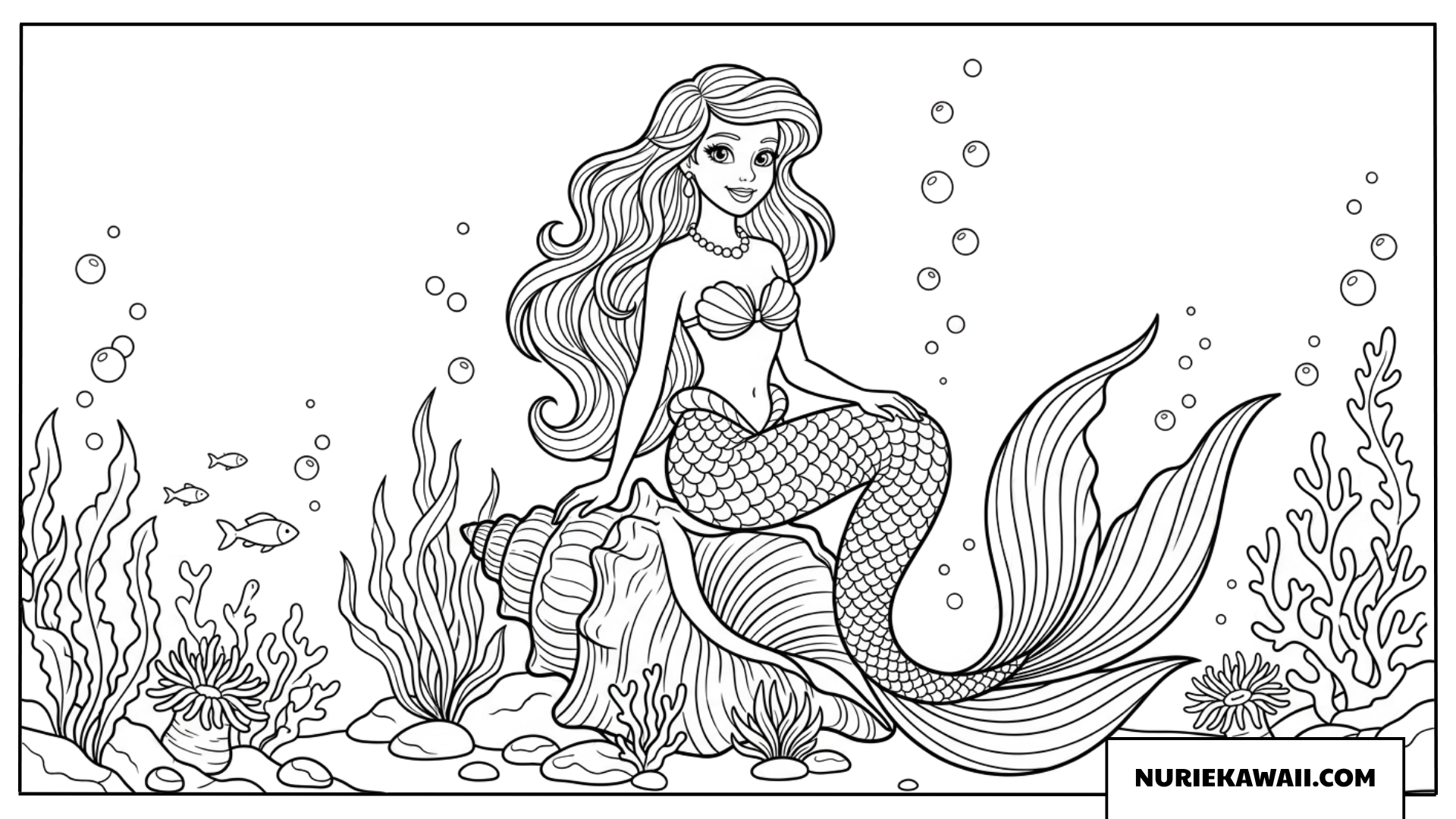 海底の大きな貝殻に座る長い髪の美しいマーメイドの塗り絵