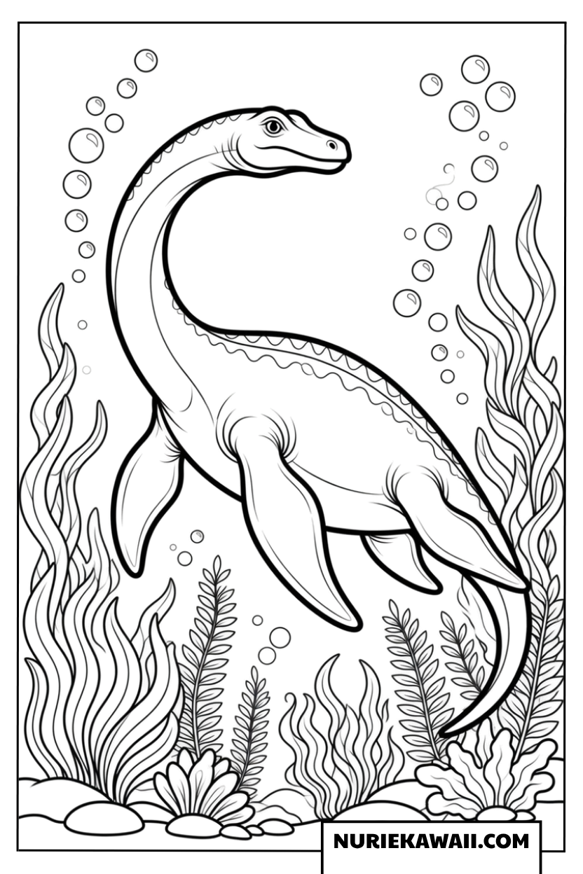 海底を泳ぐプレシオサウルスの恐竜塗り絵