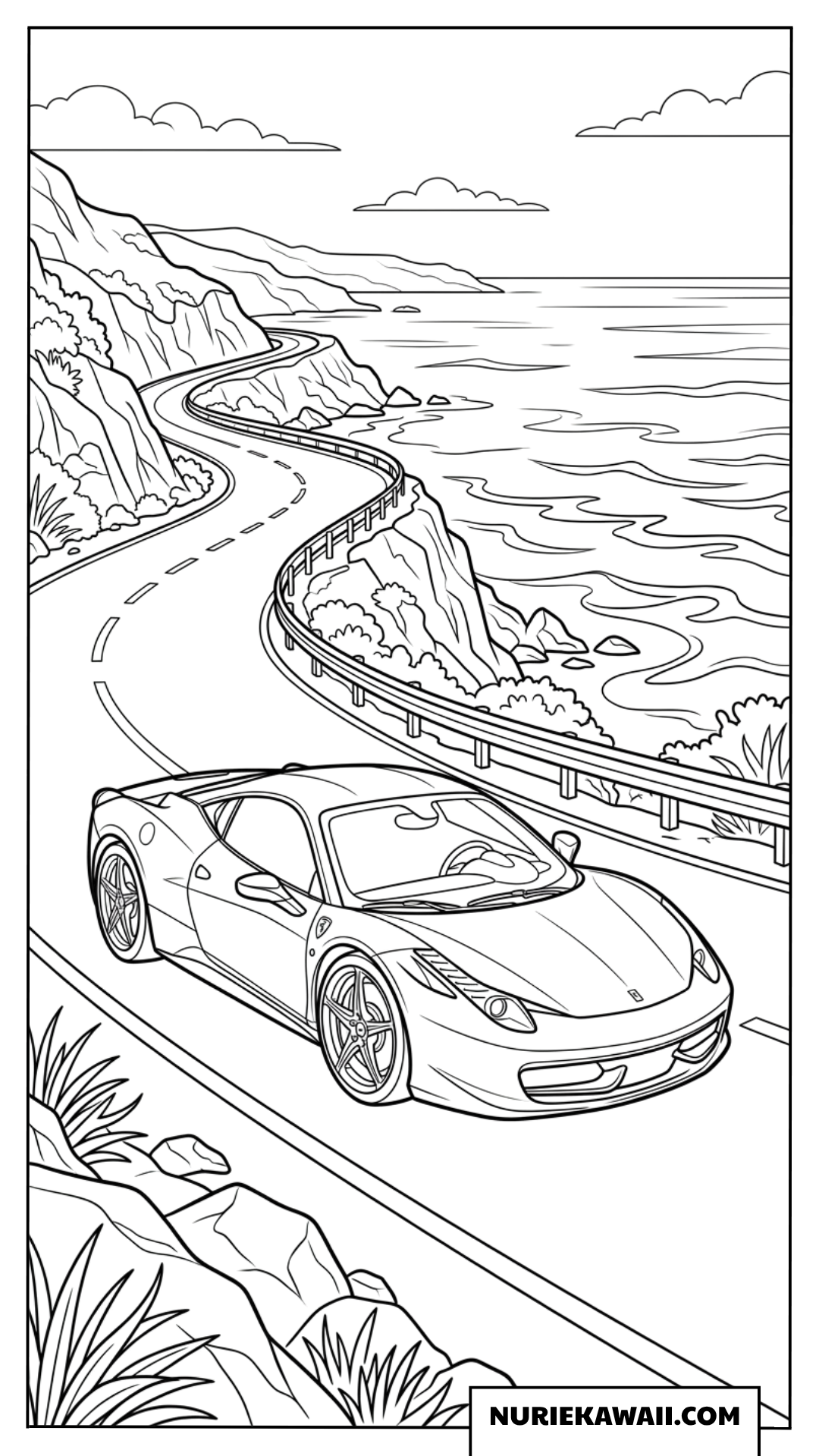 海沿いの絶景を走るフェラーリのスポーツカー塗り絵
