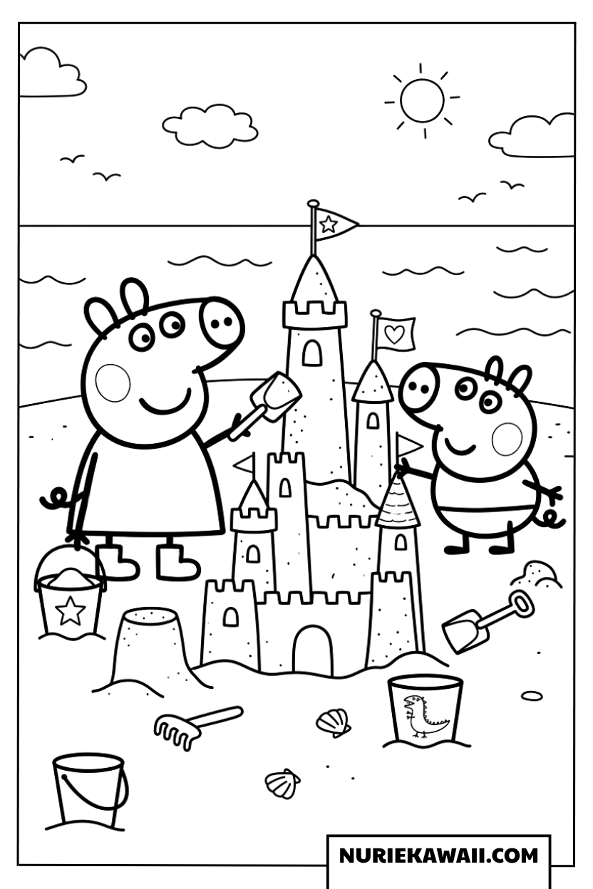 海辺で砂の城を仲良く作るペッパピッグとジョージの夏休み塗り絵