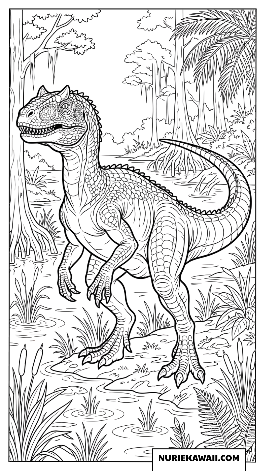 湿地帯に佇むアロサウルスのリアルな恐竜塗り絵