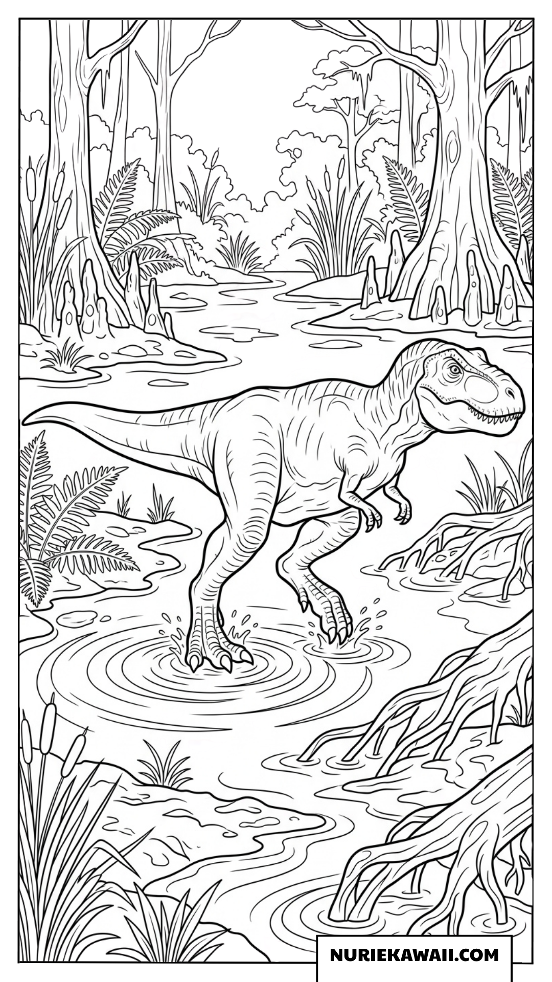 湿地帯を進むティラノサウルス 塗り絵