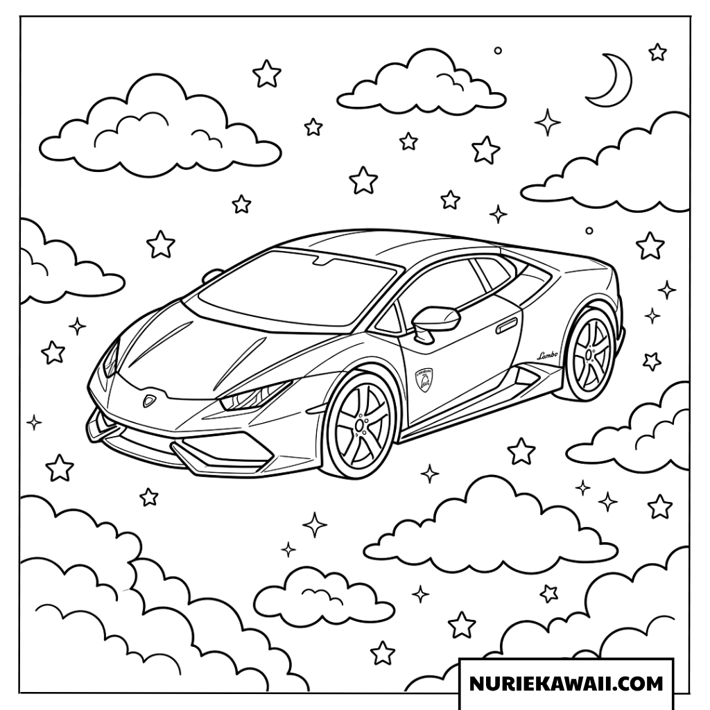 満月とたくさんの星が輝く夜空の雲の上をふわふわ浮いて飛ぶランボルギーニの塗り絵