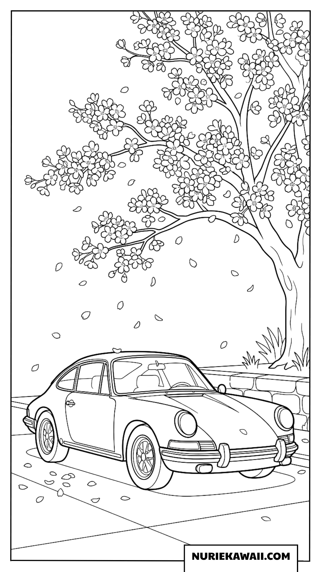 満開の桜並木とポルシェのスポーツカー塗り絵