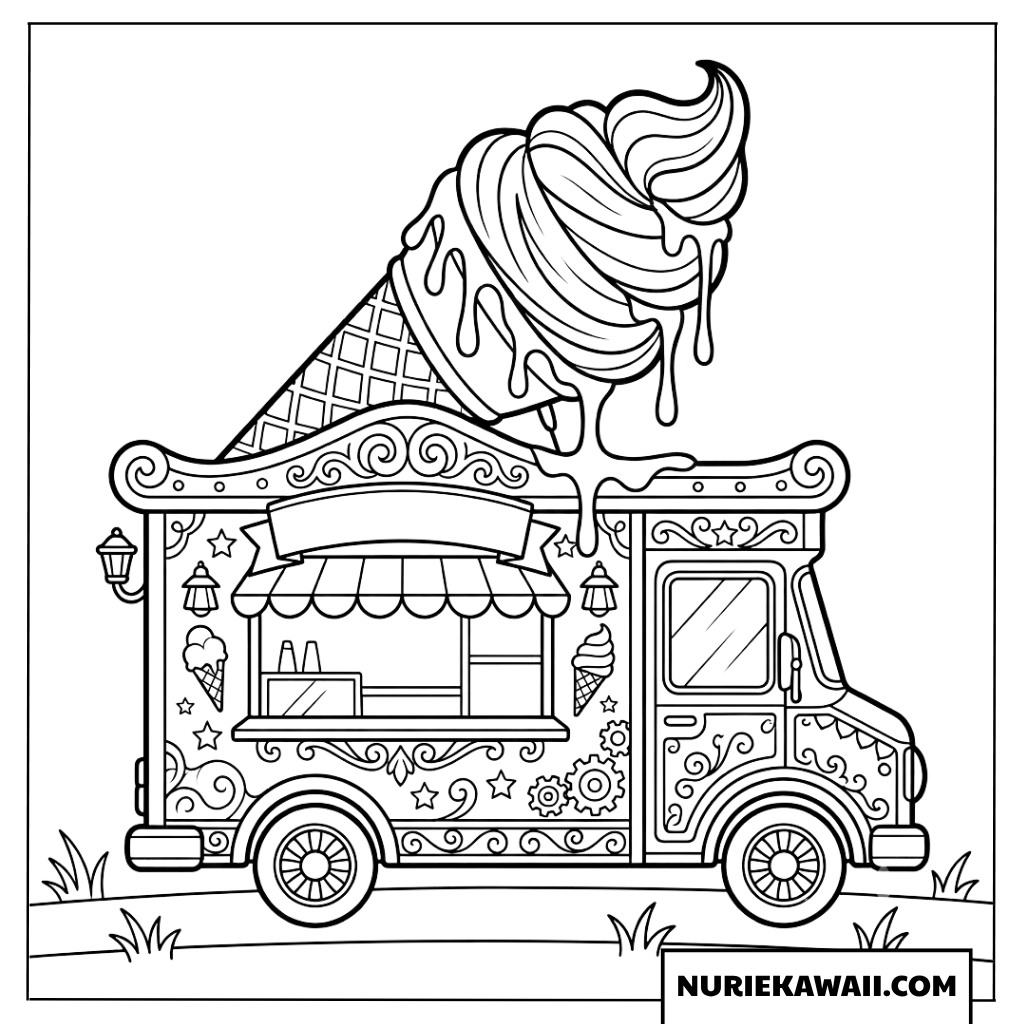 溶ける巨大ソフトクリームと豪華なアイスクリームカーの塗り絵