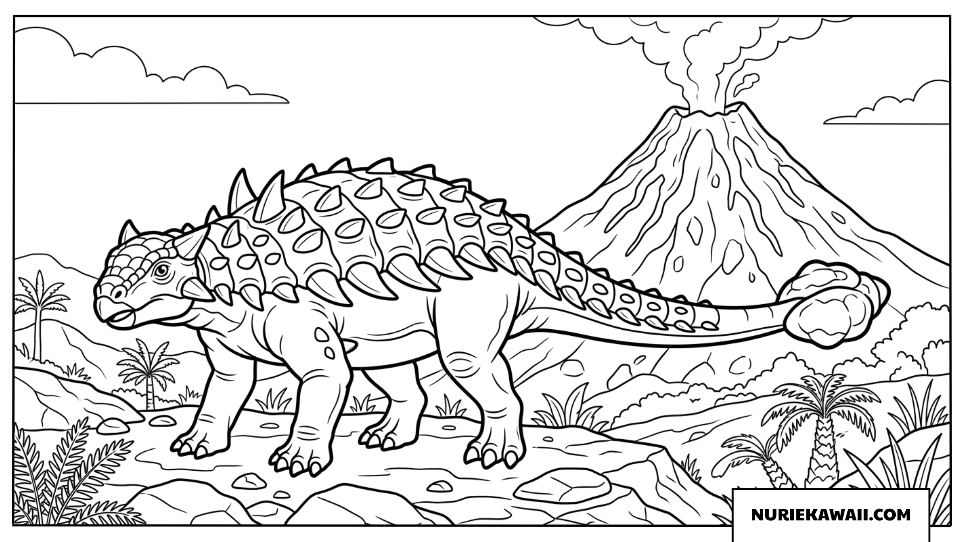 火山とアンキロサウルスの恐竜塗り絵