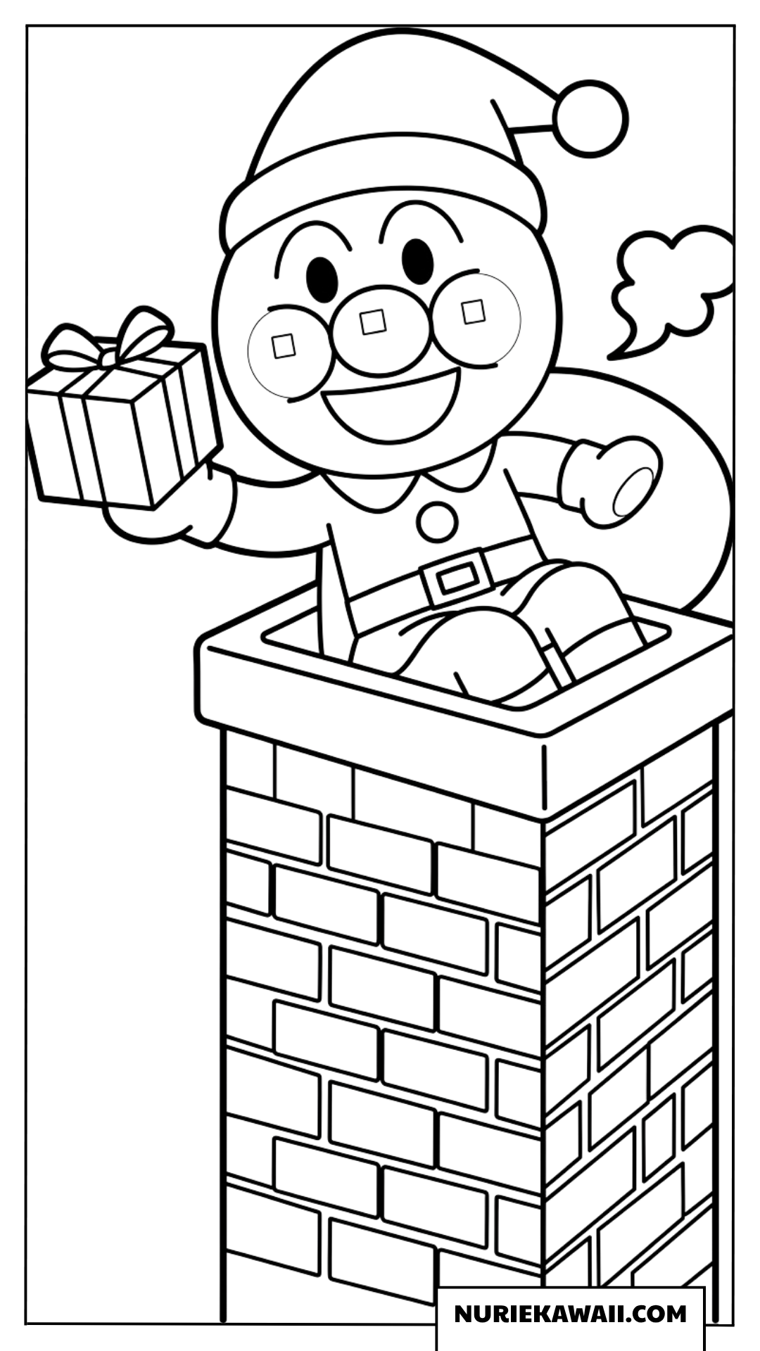 煙突からプレゼントを持って現れたアンパンマンの塗り絵