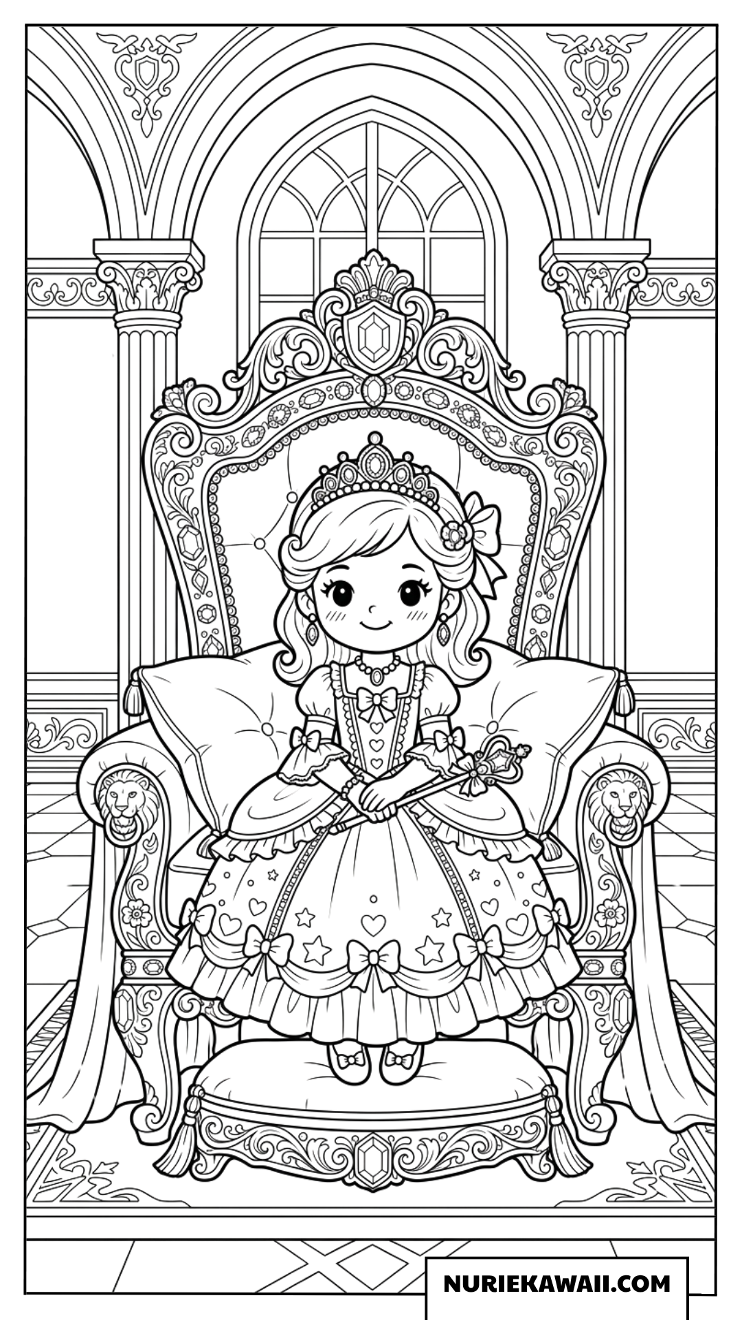 玉座に座る可愛い小さなお姫様の塗り絵