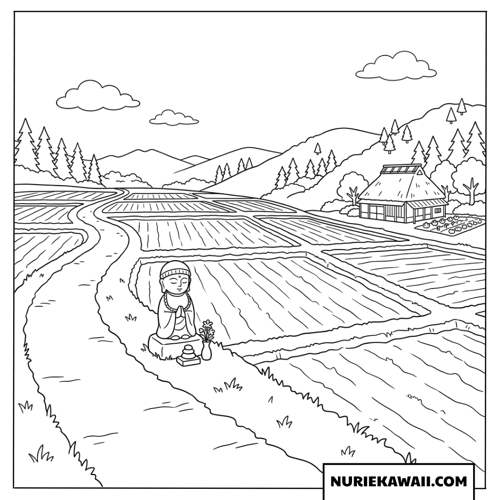 田んぼと地蔵ののどかな塗り絵